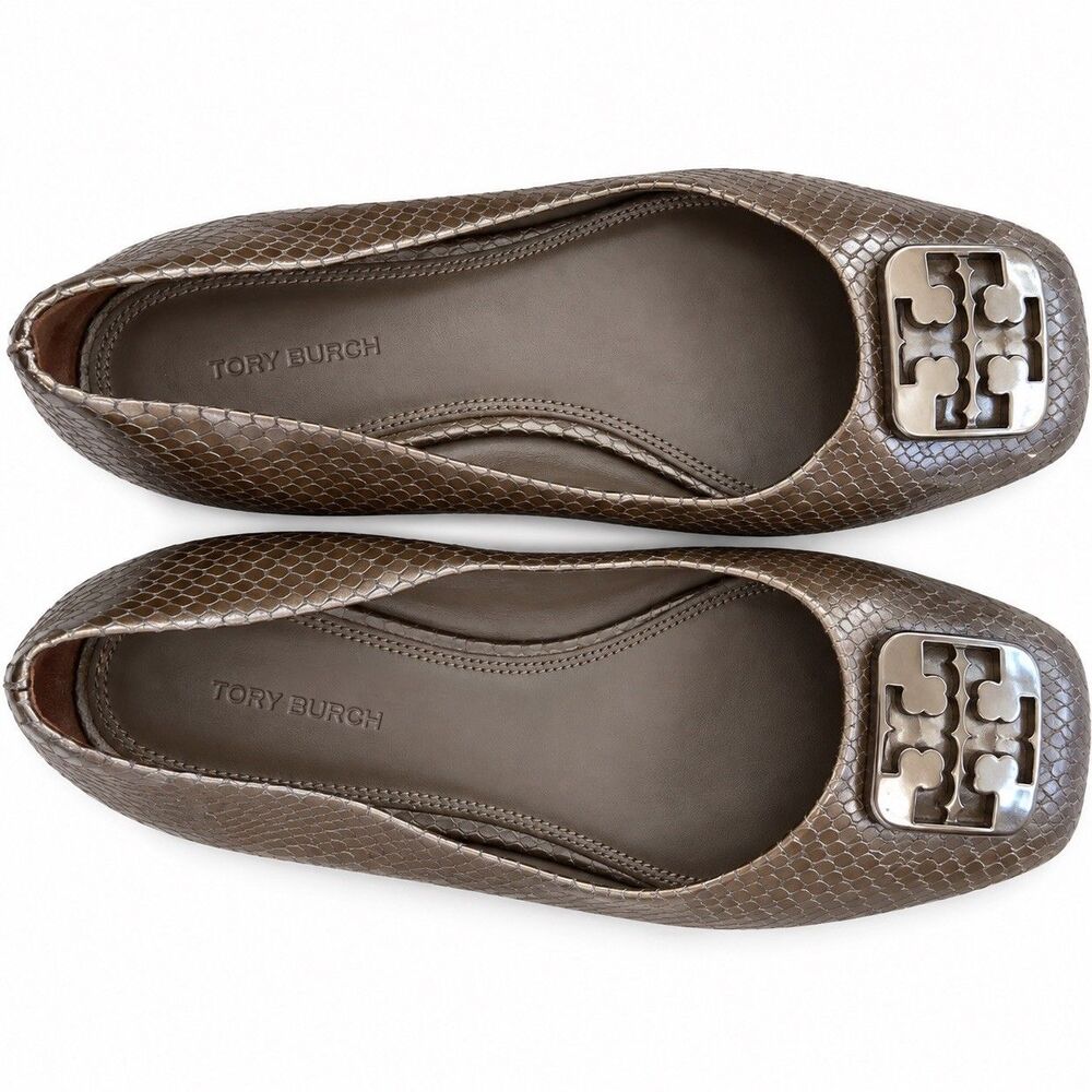 Tory Burch Georgia Ballet Flats Brown Leather Snakeskin Square Toe Shoes Sz 11 M - Picture 7 of 8